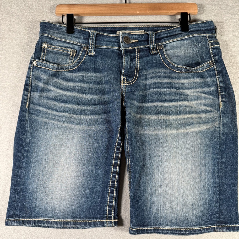 BKE Stella Women 29 Medium Wash Bermuda Denim Shorts ABK1530 Blue Stretch
